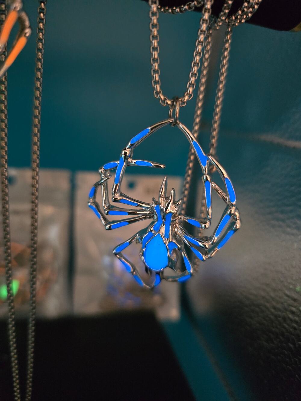 Blue Glow in the Dark Spider Necklace Steel 22 Inch Chain Gothic Halloween